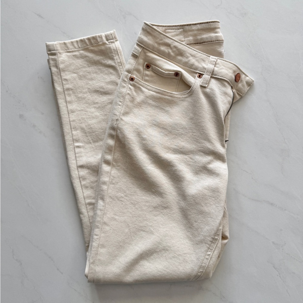 L.L. Bean BeanFlex Slim Leg Jeans 6 Petite Cream Ecru Ankle Denim Classic Fit